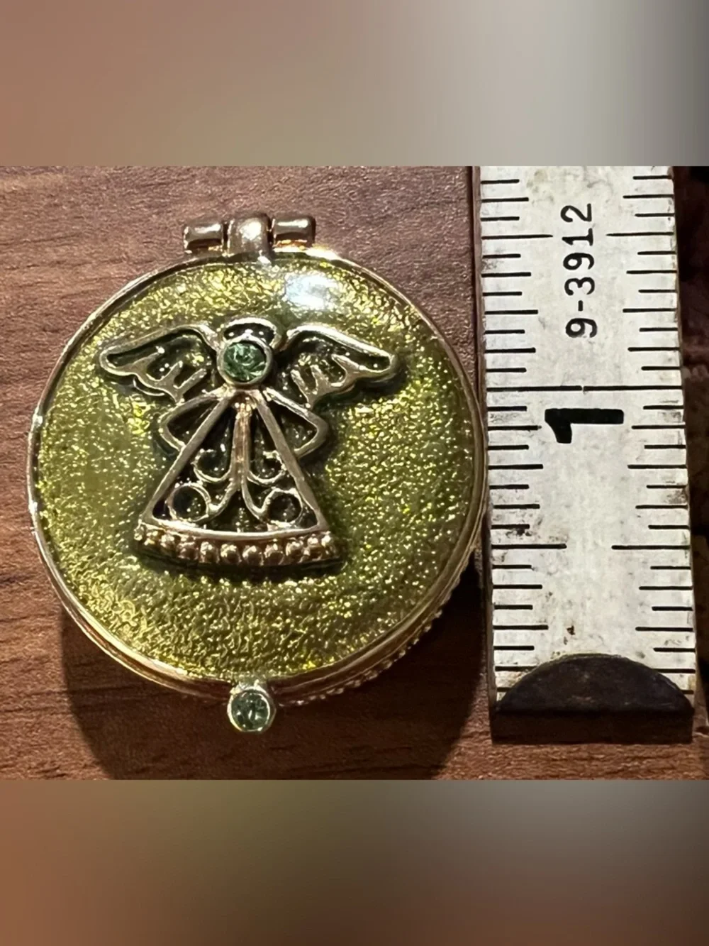 GREEN Pearlized Inlay Small Round Hinged Trinket Box w/ Angel w/Crystal Thailand